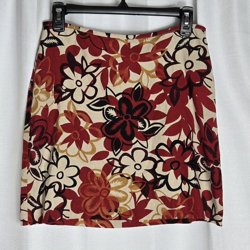 Wrapper Y2K vintage floral linen rayon skirt short sz 9/10 red tan gold & black